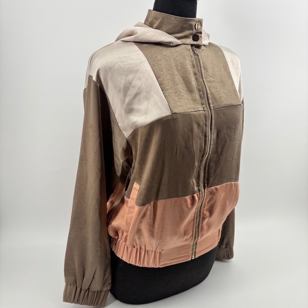 On Twelfth Vintage Colorblock Satin Bomber Jacket Brown Pink Hooded Medium